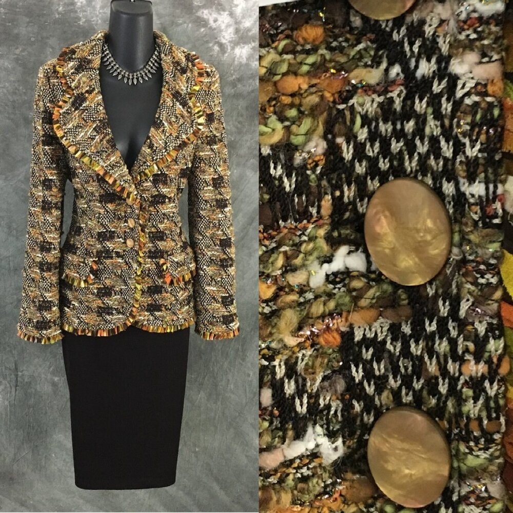 BEAUTIFUL St John knit green orange brown multi jacket skirt suit size 10 12